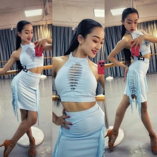 Latin Dance Clothes Halter Neck Beauty Back Halter Short Top Tassel Skirts Latin Performance Costumes Performance Wear DQS7844
