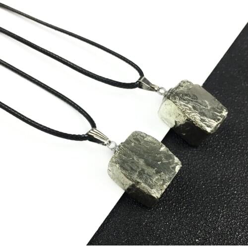1pc Pendulum Healing Mineral Natural Pyrites Necklace Choker Irregular Square Nuggets Golden Quartz Pendant Necklace Women Male