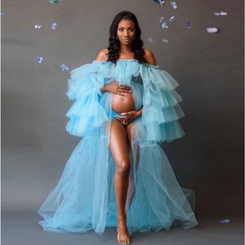 Ins Photo Shot Robes Pregnant Woman Tiered Sleeves Hi Low Sky Blue Party Dresses Off Shoulder Custom Made Vestido De Festa