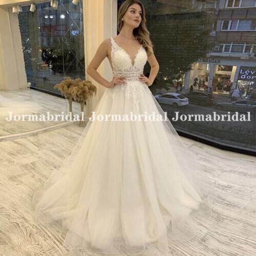 Illusion Lace Applique Wedding Dress Double V-Neck Ivory Backless Boho Bridal Gown Tulle Sweep Train Bride Dress Robe De Mariage