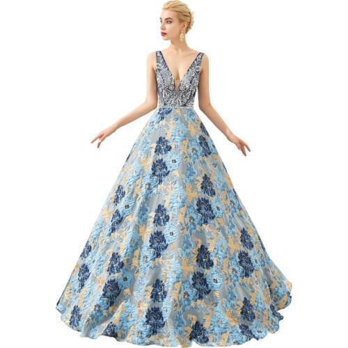 Luxury Taffeta with Printed Deep V-neck Backless Tank Long dresses evening Vestido de noche Avondjurk Long dress Ever pretty