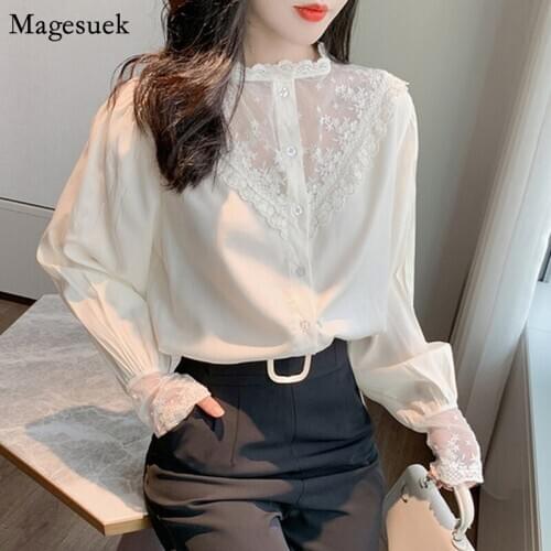 Vintage Solid Chiffon Blouse Women Lantern Sleeve Button Crochet Lace Shirt Tops Female Hollow Out Floral Casual Blouses 10900