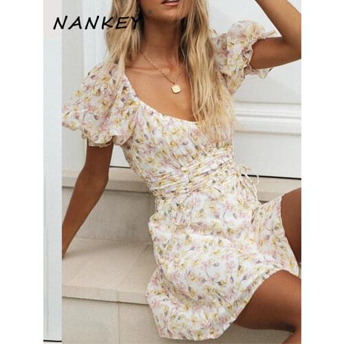 NANKEY Palace Sweet Frail Dress Holiday Summer Dress Vintage Floral Print Beach A-Line Dress Women Mini Dress Vestidos