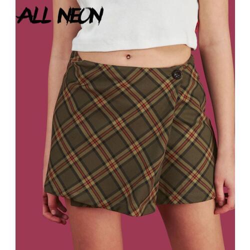 ALLNeon Vintage Plaid A-line Mini Skirts One Button High Waist Short Skirts for Women Chic E-girl Style Bottoms Streetwear 2021