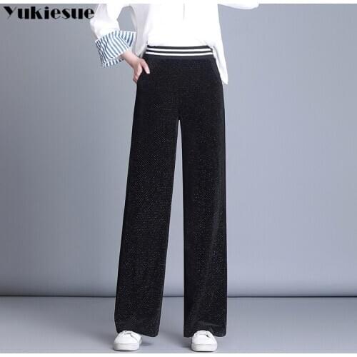 Streetwear summer 2020 velvet womens pants female high waist wide leg straight pants capris for women trousers woman Plus size