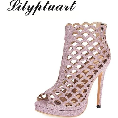 European and American open-toed sandals womens 2021 summer new fine-heeled mesh hole Roman high-heeled cool boots heels women