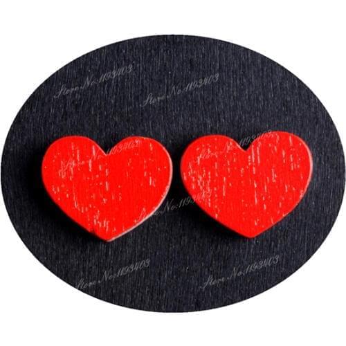 16mm Red Heart Shape Image Painted Wooded Laser Cut Cabochon to make Rings, Earrings, Bobby pin, pendant