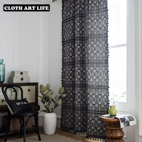 Boho Curtains for Bedroom Bohemian Geometric Tassel Curtains Cotton Linen Farmhouse Country Style Room Darkening Curtain