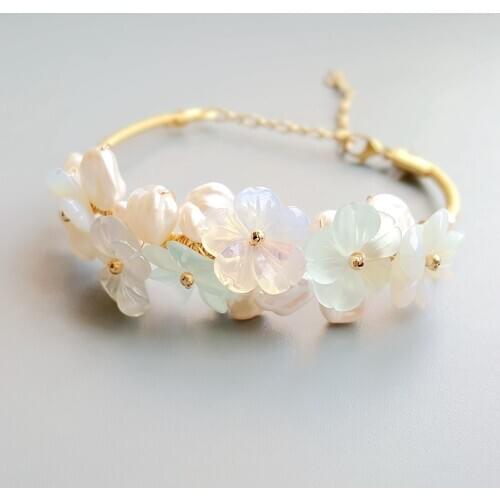 Lii Ji Blue Crystal Opal Crytal Flowers Baroque Freshwater Pearl Bracelet Bangle Handmade Jewelry Open Bangle For Women Gift