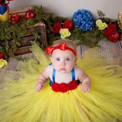 Baby Yellow Tulle Tutu Dress Girls Crochet Strap Dress Ball Gown with Red Flowers and Haibow Kids Birthday Party Costume Dresses