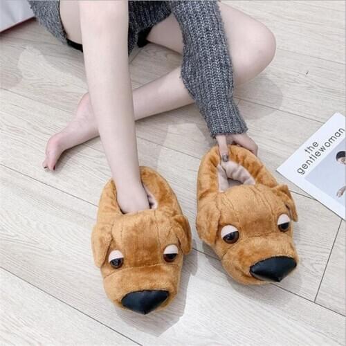 Couple Indoor Plush Cotton Slippers Ladies Cute Cartoon Dog Cotton Shoes Womens Fluffy House Shoes Girls Winter Warm Slippers