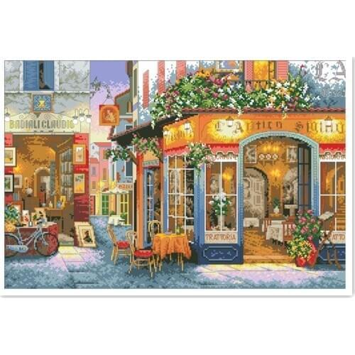 European bistro cross stitch kit street 18ct 14ct 11ct white canvas fabric cotton thread embroidery DIY handmade needlework
