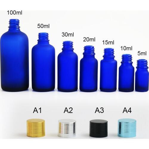 360 x 5ml 10ml 15ml 20ml 30ml 50ml 100ml Essential Oil Frosted Blue Glass Bottle With 4 Colors of Cap For Liquid Reagent Pipette