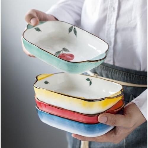 Hand Painted Ceramic Ovenware Cheese Baked Rice Bowl Binaural Baking Pan Oven Microwave Oven Internet Celebrity Cutlery Plate