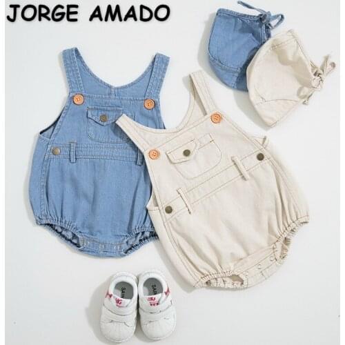 2021 New Spring Baby Boy Girl Bodysuit Sleeveless Denim Jumpsuit with Cap Newborn Cute Style Kids Clothes E43
