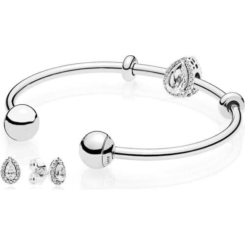 NEW 925 Sterling silver Radiant Teardrop Open Bangle and Earrings Set Clear CZ fit DIY charm Bracelets jewelry A set of prices