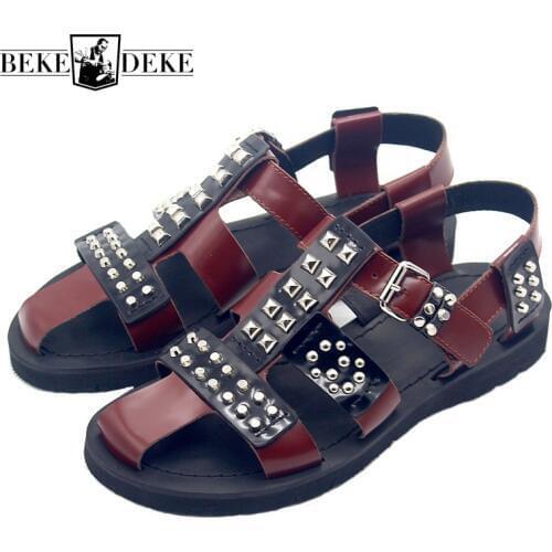 Runway Men Summer Gladiator Studded Sandals Handmade Rivets Cow Genuine Leather Sandals Flat Shoes Buckle Strap Sandals Big Size