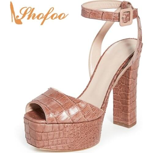 Brown Croc Pattern Platform Sandals High Chunky Heels Ankle Strap Woman Buckle Large Size 12 15 Ladies Fashion Sexy Shoes Shofoo