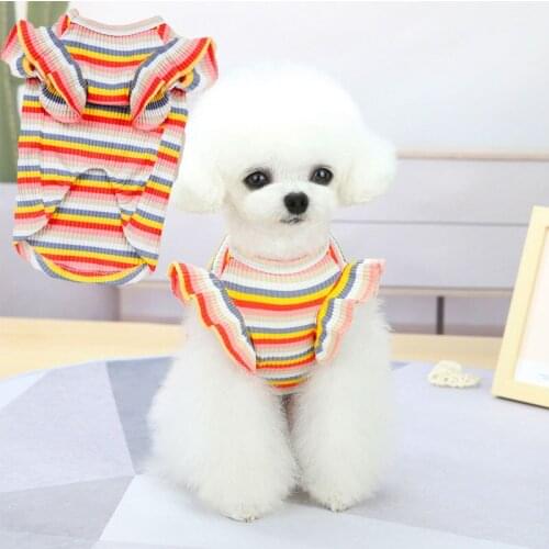 Colorful Strips Princess Dress Flying Sleeve Cat Sweatshirt Sleeveless Knitted Sweater Skirt For Girl Small Dogs Clothing Summer