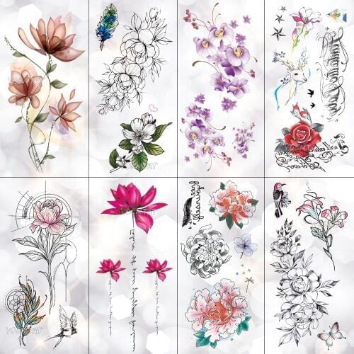Lotus Peony Rose Flowers Waterproof Temporary Tattoo Sticker Minimalist Flash Tattoos Body Art Fake Arm tatoo Women