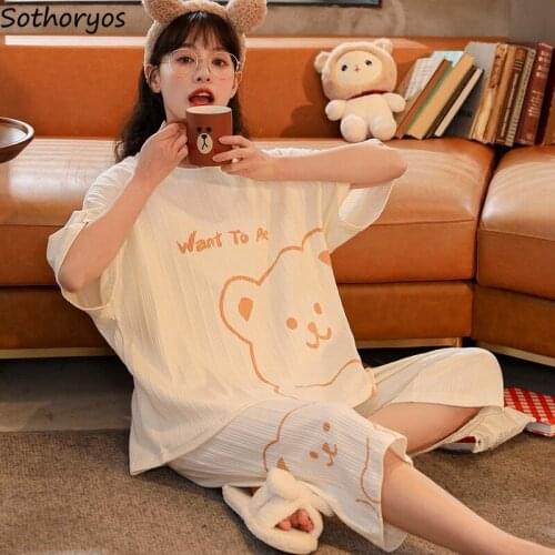 Women Summer Pajama Sets Teenagers Printed Comfort Sleepwear High Quality Trendy Females Lounge Mid-calf Pants Popular Ulzzang
