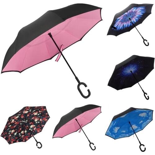 Lady Double Layer Anti-UV Windproof C-Shaped Handle Reverse Folding Umbrella Man Women Sun Rain Car Inverted Upstanding Umbrella