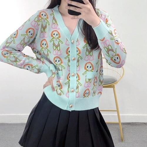 Cartoon Cute Cardigan Women 2021 Autumn Winter Vintage Cardigan Female V-neck Single Breasted Cardigan Cardigan Sweater Knitwear