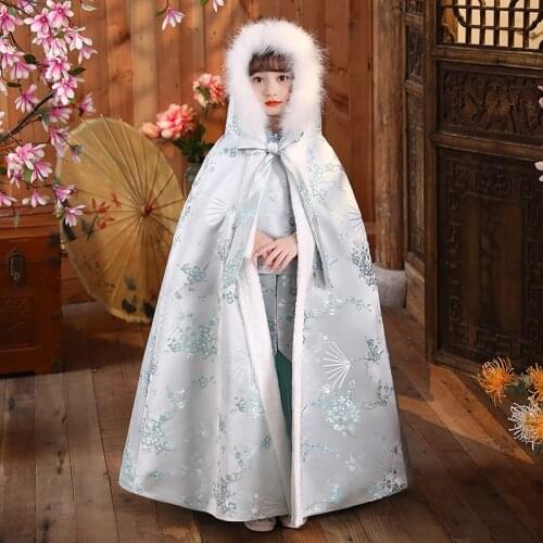 Girls Hanfu Cape winter Embroider Quilted Thicken Cloak Children Ancient Photography Mantle Kids New Years Wear Keep Warm