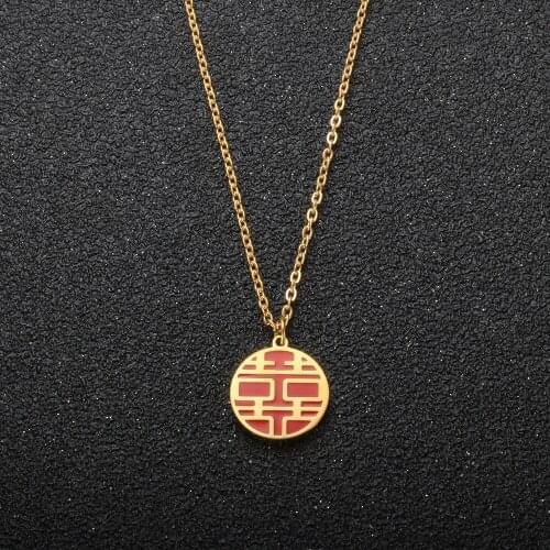 Stainless Steel Gold Lucky Charm Necklace Chinese Red Blessing Round Pendand Necklace For Women Girl Jewelry Gift