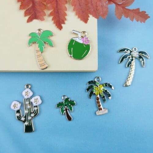 10pcs Green Coconut Tree Charms Earring DIY Alloy Cactus Pendants Summer Vacation Style Enamel Charms Bracelet Jewelry Accessory