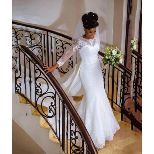 African Country Lace Mermaid Wedding Dresses with Sleeves Detachable Train Jewel Neck African Nigerian Lace Bridal Gowns