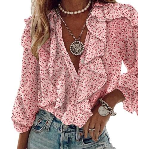 Women V-Neck Elegant Shirts Printing Blouses 2021 Summer Spring V-Neck Long Sleeve Casual Tops Plus Size блузка женская 2021