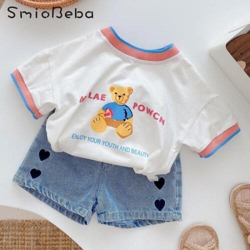 Baby Short Sleeve T-shirt 2021 Summer Boys Girls Jean Blue Shorts Pants Girls' Korean Style Cartoon Bear 2PCS Sets Love Clothing