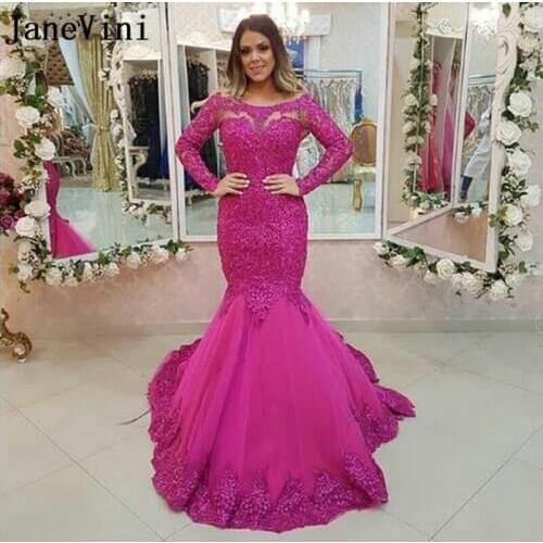 JaneVini Elegant Fuchsia Mermaid Evening Dress with Sleeves Boat Neck Lace Appliques Beaded Tulle Plus Size Formal Party Gowns