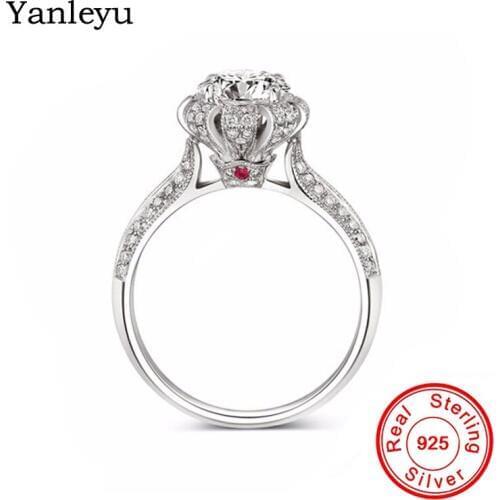 Yanleyu Hot Sale Queen Crown Ring Pure 925 Sterling Silver Jewelry 7.5MM Cubic Zirconia Wedding Rings for Women Gift PR031