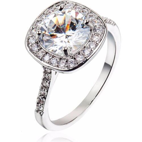 Center Round Shiny Rhinestone Bling Crystal Surrounding Square Silver Plated Rings for Women 4 sizes