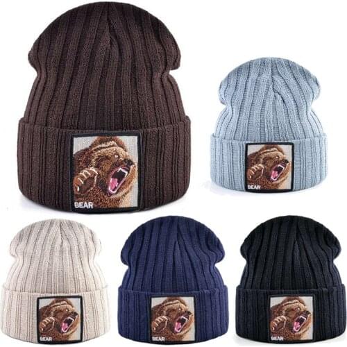 Mens Beanie Hat With Bear Patch Autumn Knitted Skullies Caps Women Winter Soft Knit Bonnet Beanies Fashion Hip Hop Gorras Hats