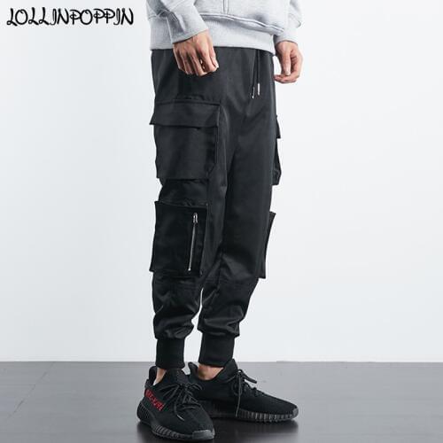 Hip Hop Men Cargo Jogger Pants Drawstring Elastic Waist Side Big Pockets Streetwear Mens Casual Joggers Black / Silvery Gray