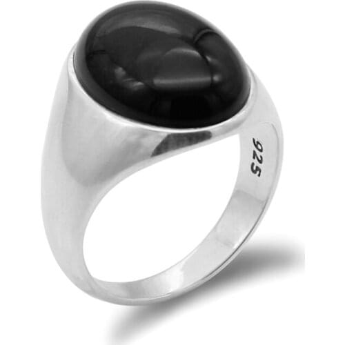 Turkey Jewelry Black Ring Men Light-weight Real 925 Sterling Silver Mens Rings Natural Agate Stone Vintage Cool Fashion Ring