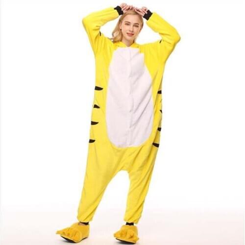 Yellow Animal Cartoon Tiger Pajamas Flannel Adult Unisex Home One-piece Sleepwear Christmas Halloween Cosplay Onesie Costume