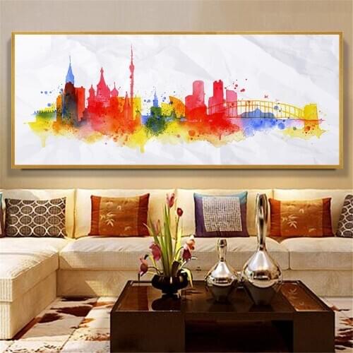 New York Pairs Moscow City Skyline Watercolor Poster City Abstract Painting Large Size Wall Art Print Home Decoration Gift