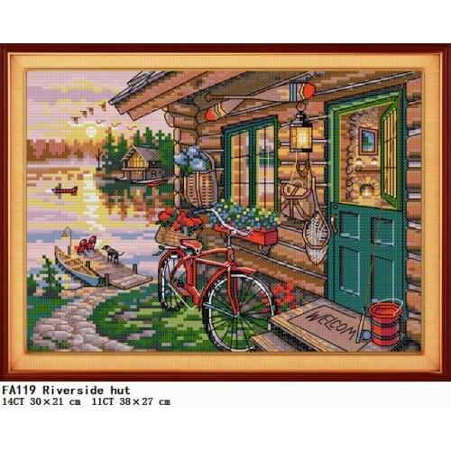 Riverside Hut Stamped Cross Stitch Kits Patterns Counted Thread Home Decoration Embroidery Needlework Set 11CT 14CT Print Canvas