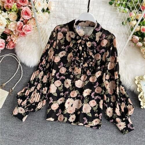 Spring Autumn Temperament Fashion New Style Ruffled Bow Tie Lantern Sleeves Top Women Loose Lapel Floral Chiffon Shirt C131