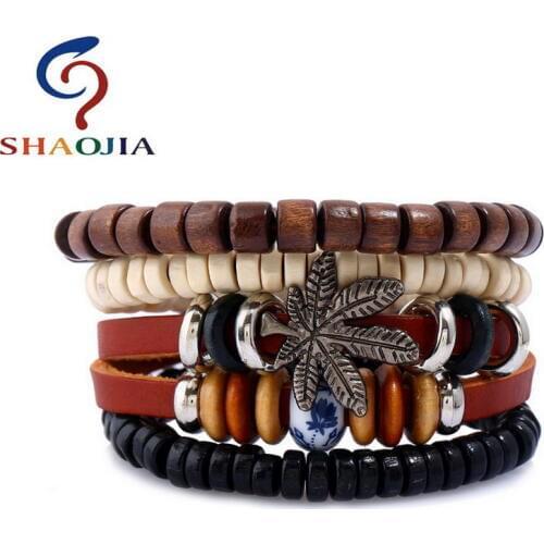 SHAOJIA 4pcs/Set Trendy Vintage Zinc Alloy Maple Leaf Plant Leather Bracelet Charm Wood Beads Cuff Bracelets Women Men Jewelry