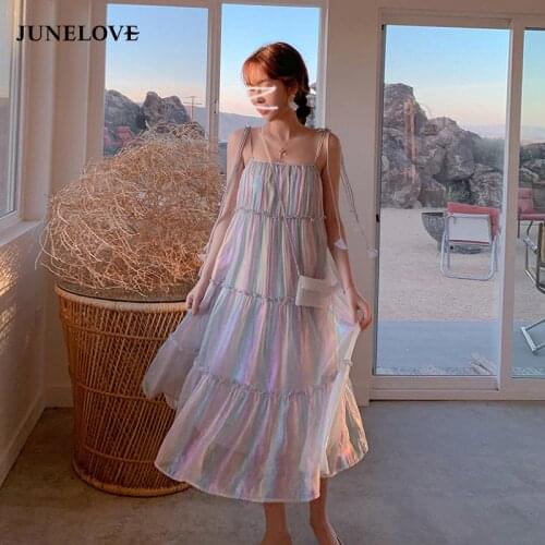 JuneLove Camisole Rainbow Dress Women Colorful Lovely Ruffles Femme Spaghetti Strap Vestidos Korean Lady Beach Party Sundress