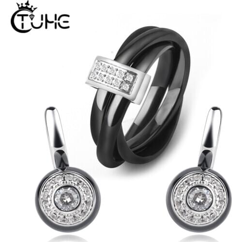 Fashion Women Jewelry Sets White CZ Rhinestone Three Rings Stud Earrings Ceramic Finger Rings Wedding Christmas Gift