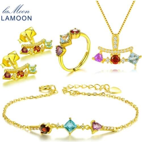LAMOON 925 Sterling Silver Natural Red Garnet Blue Topaz Purple Amethyst Jewelry Sets Fine Jewelry for Women Wedding V013-1