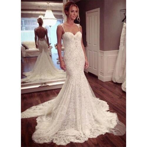 2020 Mermaid Wedding Dress Sleeveless Lace Sweetheart Sweep Train Bridal Gown Backless Tulle Appliques Wedding Gowns