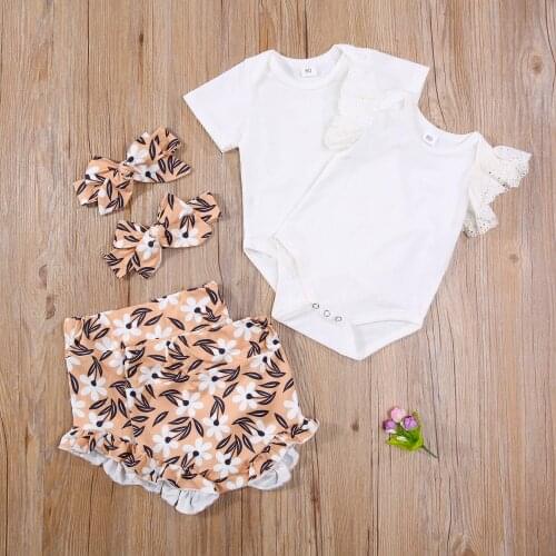 3pcs Cotton Baby Girl Clothes Solid Fly/Short Sleeve Romper + Flower Printed Short Pants with Headband Summer Cotton Clothes