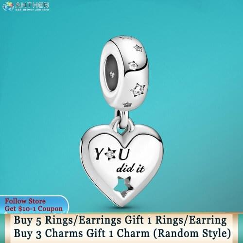 Ahthen 925 Sterling Silver Congratulations Heart & Stars Charm fit Original Pandora Bracelets Women Jewelry Making Girl Jewelry